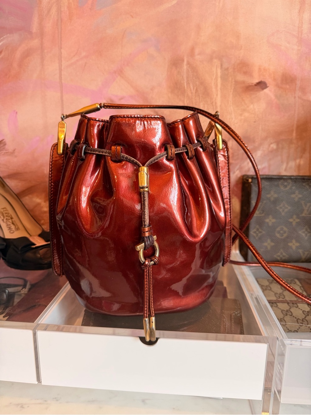 Salvatore Ferragamo Copper Leather Drawstring Bucket Bag - Picture 5 of 5